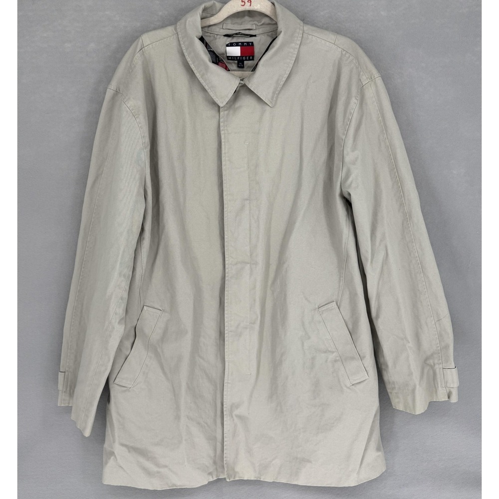 Tommy Hilfiger Coat Mens XL Beige Cotton Overcoat Plaid Lined Pockets Classic